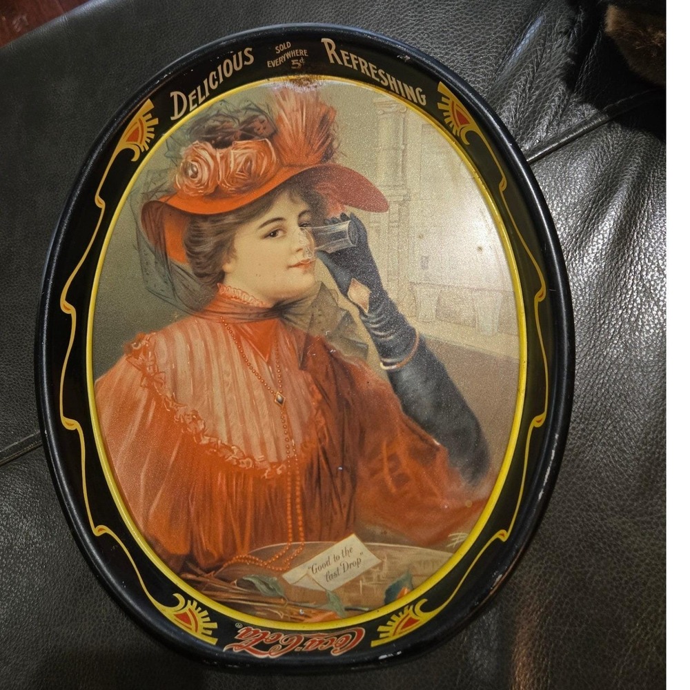 Vintage Coca-Cola Serving Tray Oval 1908 Calendar Lady‎ Good Condition
